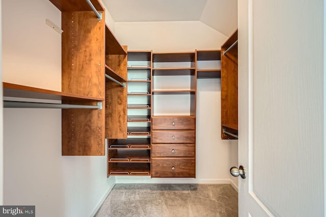 spacious closet with vaulted ceiling and carpet floors