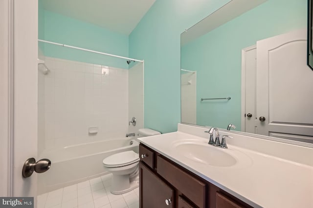 full bathroom featuring bathtub / shower combination, tile patterned floors, toilet, and vanity