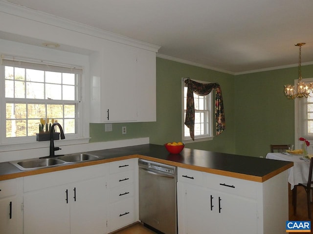 kitchen featuring dishwasher, sink, white cabinets, and kitchen peninsula