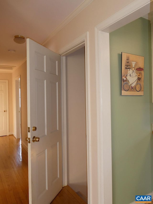 hall featuring ornamental molding and wood-type flooring