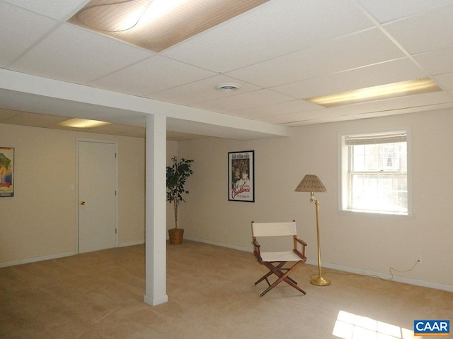 basement with a paneled ceiling and carpet flooring