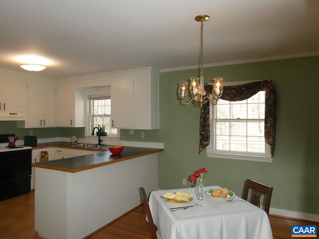 kitchen featuring range with electric cooktop, pendant lighting, sink, white cabinets, and kitchen peninsula