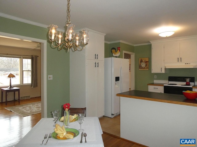 kitchen featuring decorative light fixtures, ornamental molding, range with electric cooktop, white refrigerator with ice dispenser, and white cabinets