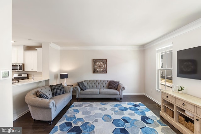 living room featuring ornamental molding and dark hardwood / wood-style floors