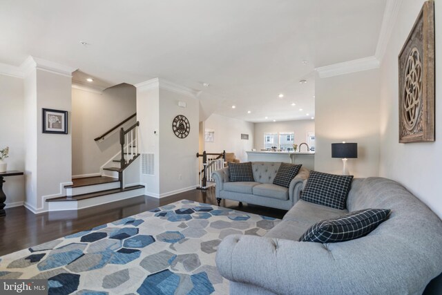 living room with ornamental molding and dark hardwood / wood-style floors