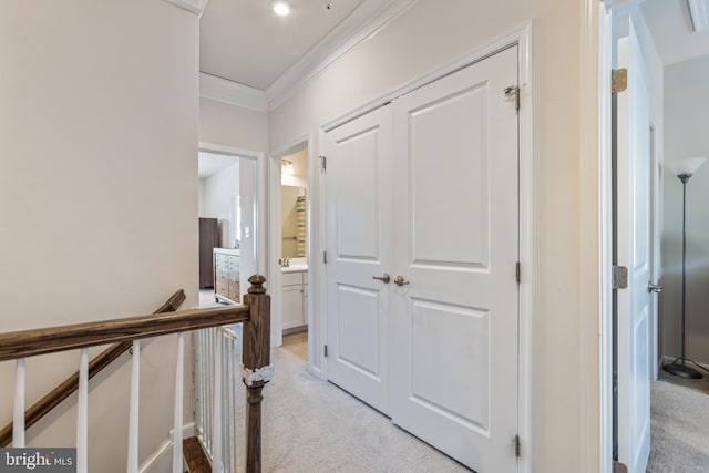 hallway with ornamental molding and light carpet