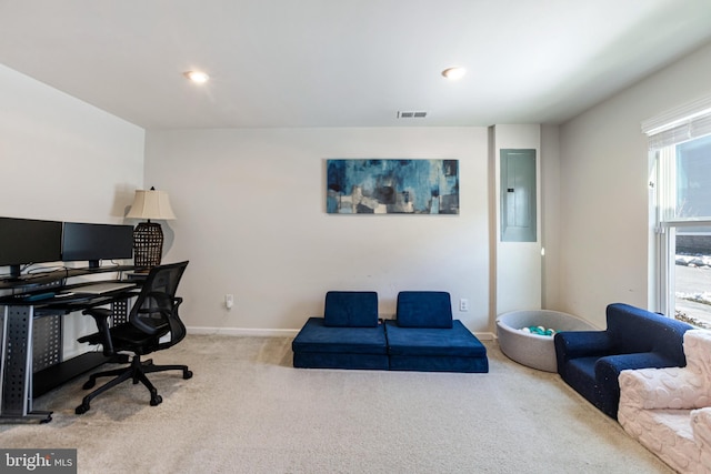 home office with light colored carpet and electric panel