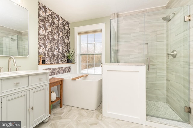 bathroom featuring parquet floors, vanity, and separate shower and tub