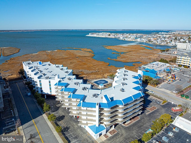 drone / aerial view featuring a water view