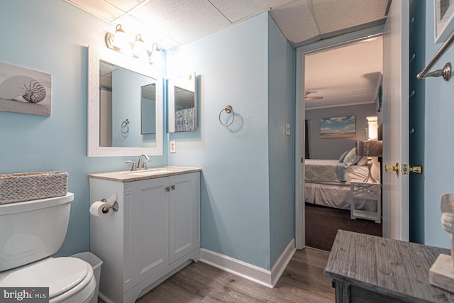 bathroom featuring wood-type flooring, a paneled ceiling, vanity, and toilet