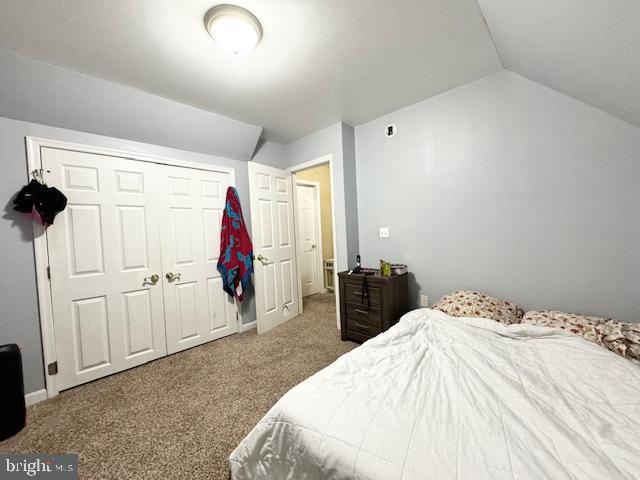 bedroom with lofted ceiling, carpet floors, and a closet