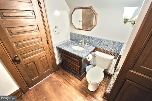 bathroom with toilet, wood-type flooring, and vanity