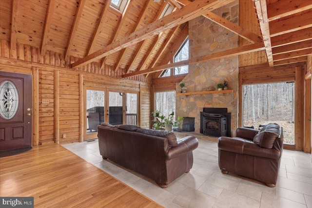 living room with beam ceiling, wooden walls, and wood ceiling