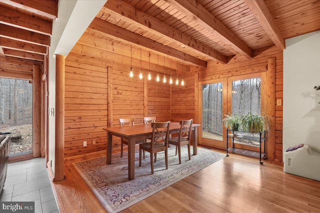 dining room featuring beam ceiling, wood ceiling, wooden walls, and light hardwood / wood-style flooring