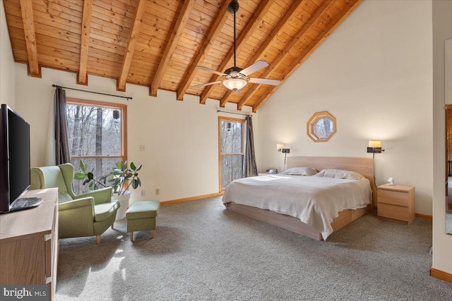 carpeted bedroom featuring wood ceiling, beam ceiling, and high vaulted ceiling