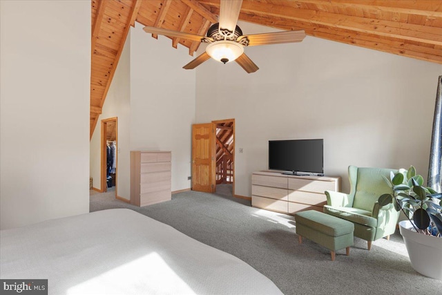 carpeted bedroom featuring beamed ceiling, ceiling fan, high vaulted ceiling, and wooden ceiling