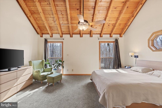 carpeted bedroom with vaulted ceiling with beams and wood ceiling