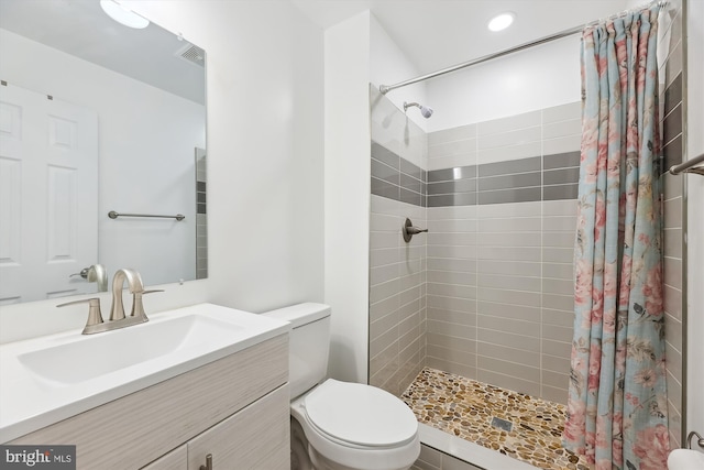 bathroom featuring vanity, a shower with curtain, and toilet