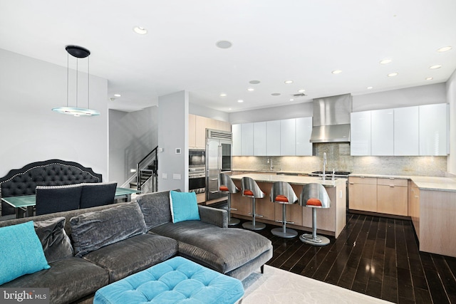 living room with sink and dark wood-type flooring