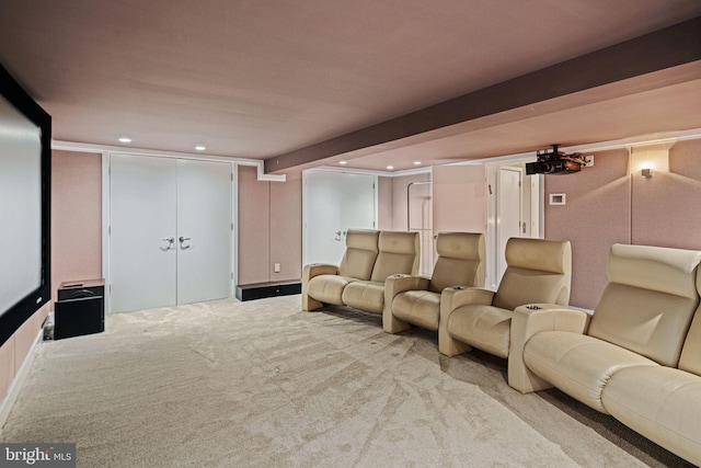 carpeted cinema with beam ceiling