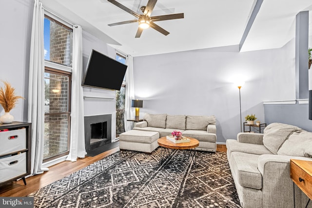 living room with hardwood / wood-style flooring and ceiling fan