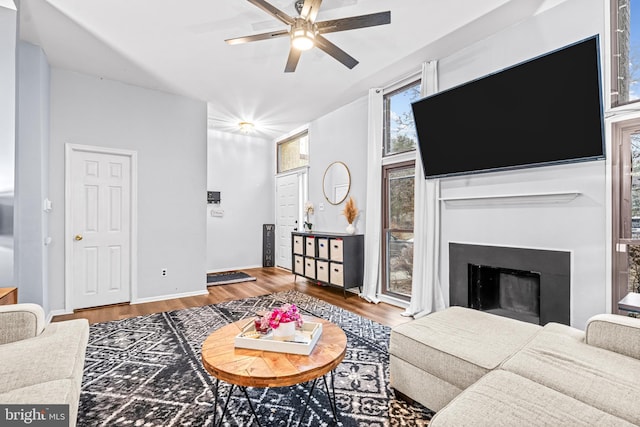 living room with ceiling fan and hardwood / wood-style floors