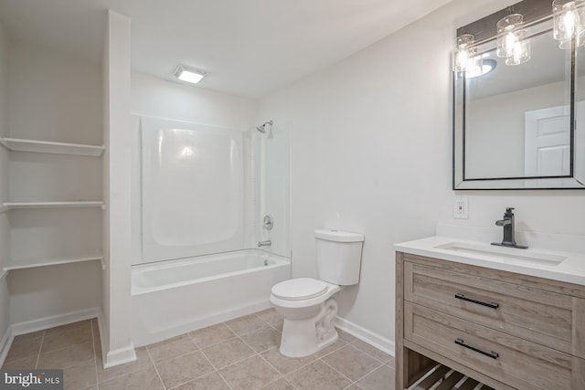 full bathroom with shower / bathtub combination, vanity, toilet, and tile patterned floors