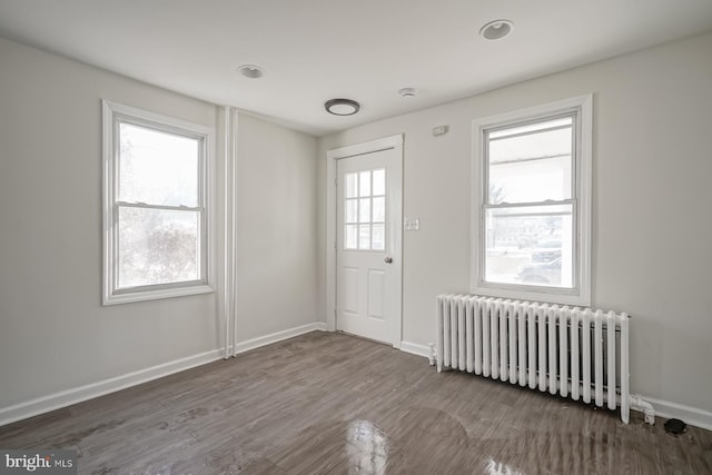 interior space featuring radiator, a wealth of natural light, and dark hardwood / wood-style floors