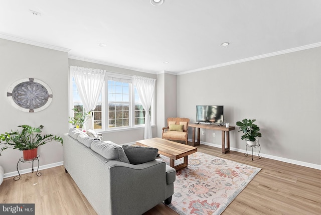 living room featuring hardwood / wood-style flooring and ornamental molding