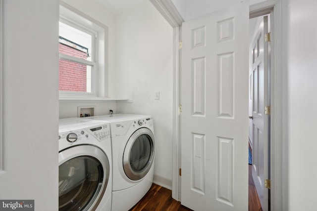 laundry room with dark wood-type flooring and washing machine and clothes dryer