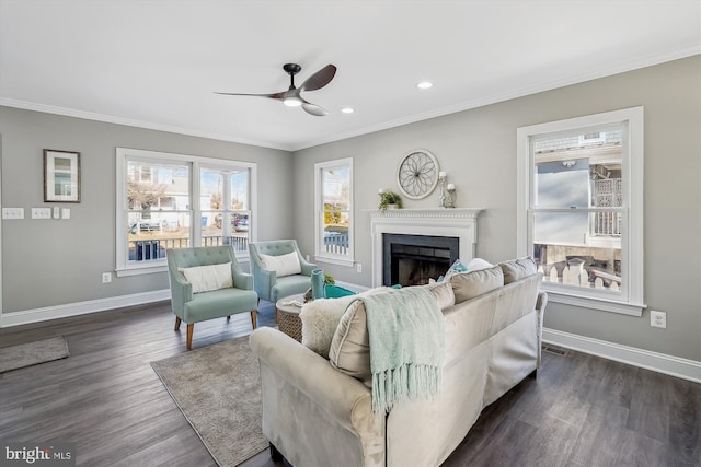 living room featuring crown molding, dark hardwood / wood-style floors, and ceiling fan