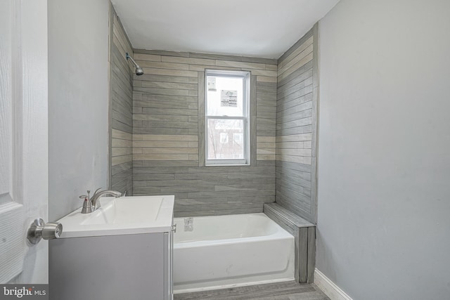 bathroom with vanity and hardwood / wood-style floors