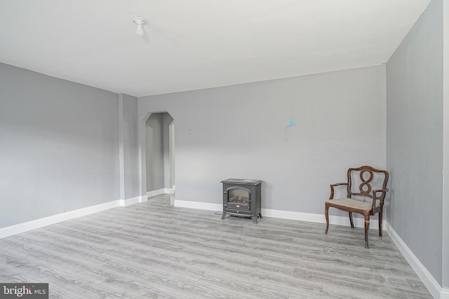 living area featuring light hardwood / wood-style flooring and a wood stove