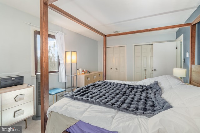 carpeted bedroom featuring two closets