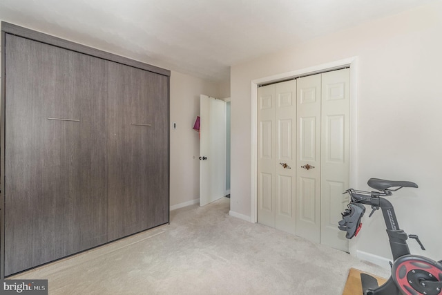 interior space featuring a closet and light carpet