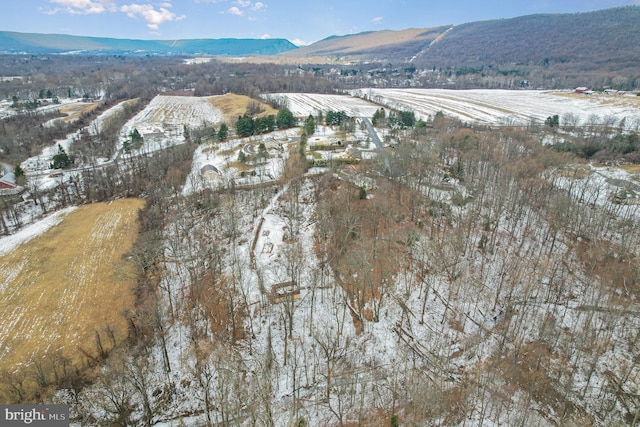 snowy aerial view with a mountain view