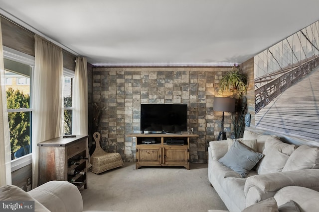 living room featuring light colored carpet