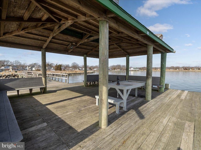 dock area with a water view and a gazebo