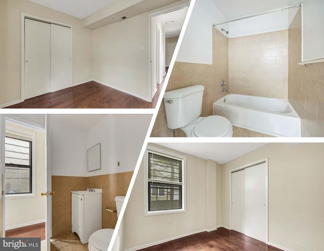 bathroom featuring tile walls, a bath, and plenty of natural light