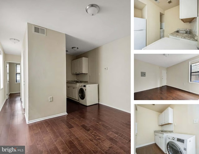 kitchen featuring white cabinetry, white refrigerator, dark hardwood / wood-style floors, and washer / dryer