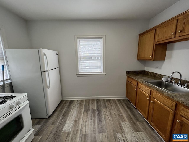 kitchen featuring dark wood-type flooring, white appliances, and sink