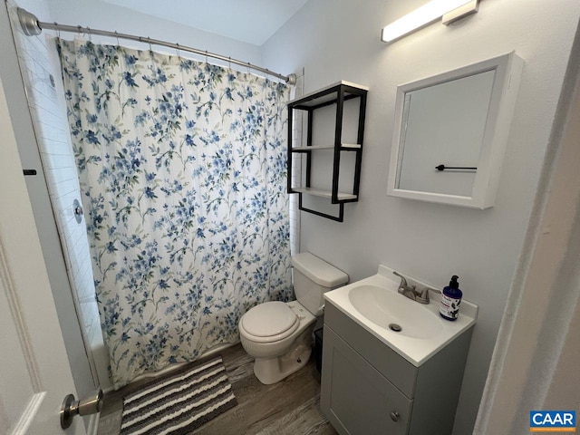 bathroom featuring vanity, toilet, and hardwood / wood-style floors