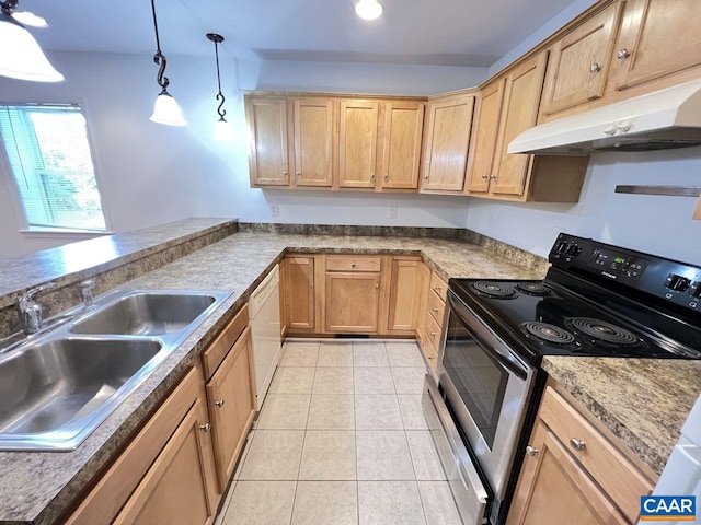 kitchen featuring light tile patterned floors, sink, hanging light fixtures, white dishwasher, and stainless steel range with electric cooktop