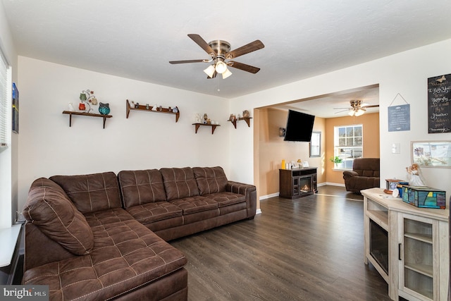 living room featuring ceiling fan and dark hardwood / wood-style flooring