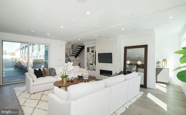 living room with a premium fireplace and light hardwood / wood-style floors