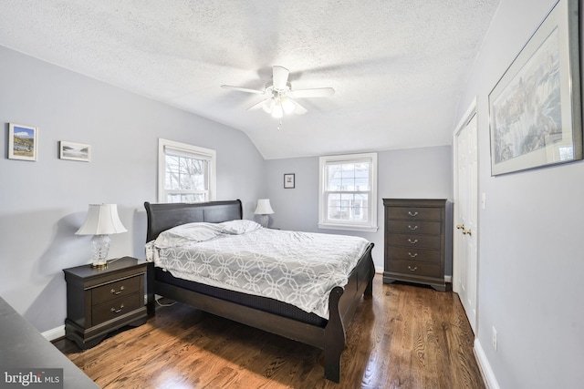 bedroom with a textured ceiling, multiple windows, vaulted ceiling, and dark wood-type flooring