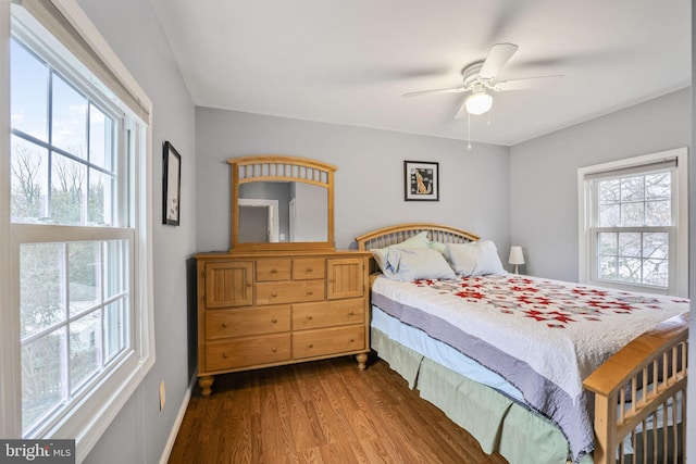 bedroom featuring multiple windows, ceiling fan, baseboards, and wood finished floors