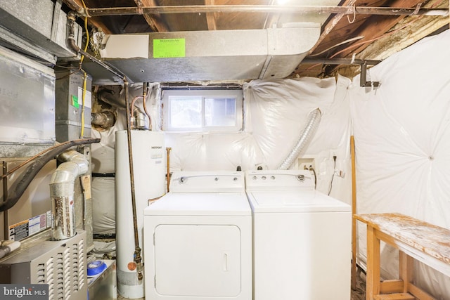 laundry area with washer and dryer, gas water heater, and laundry area