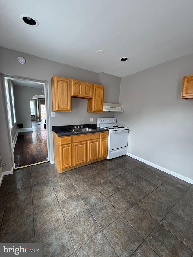 1904 E Orleans St, Philadelphia, PA 19134 - kitchen featuring white range with electric cooktop, extractor fan, dark countertops, baseboards, and a sink