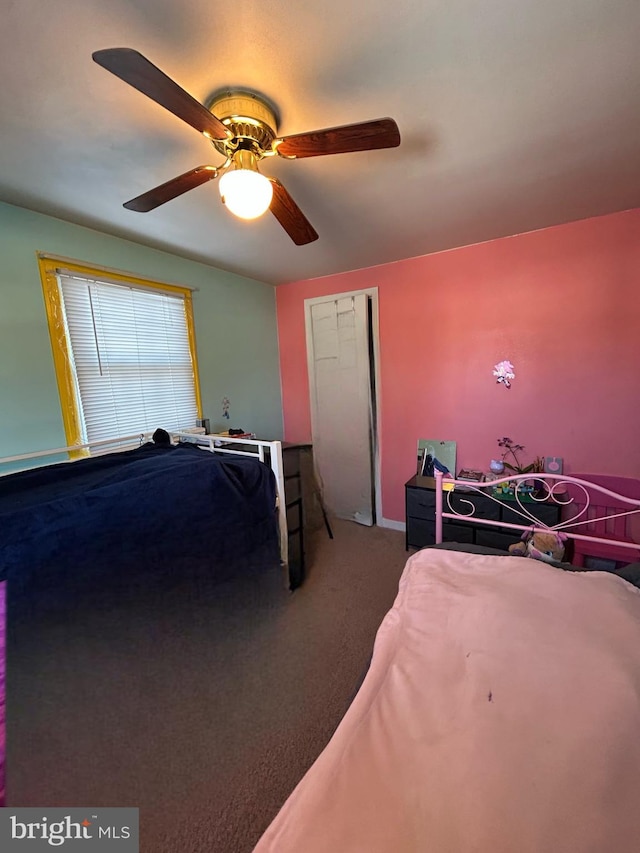 bedroom featuring carpet flooring and ceiling fan